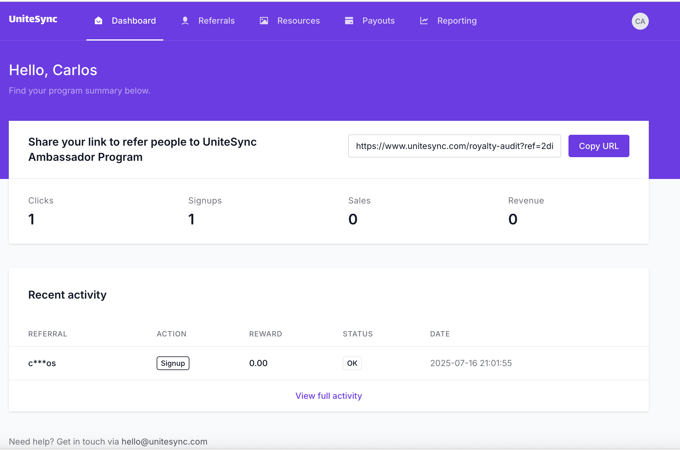 UniteSync Ambassador Dashboard